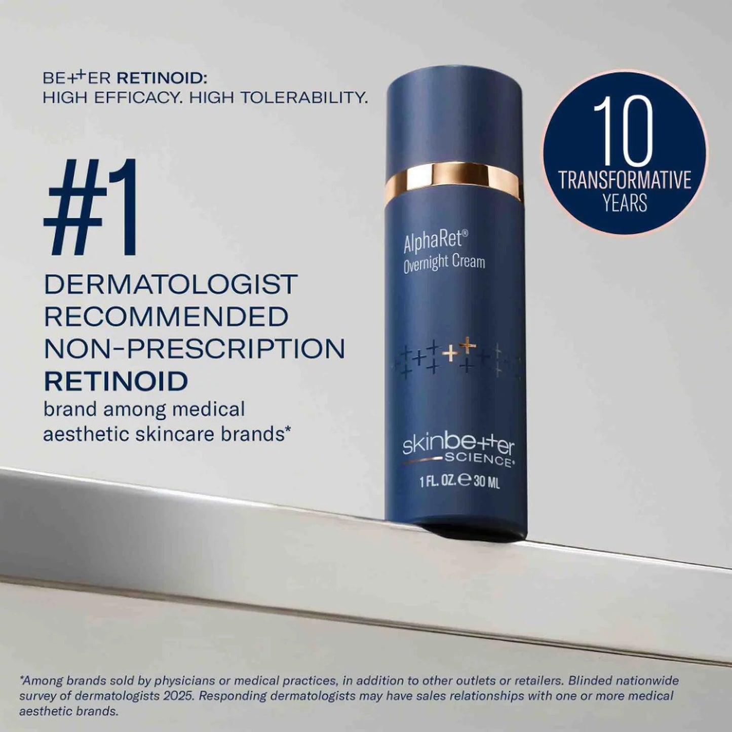 Blue skincare cream bottle with text about dermatologist recommended non-prescription retinoid on a gray background