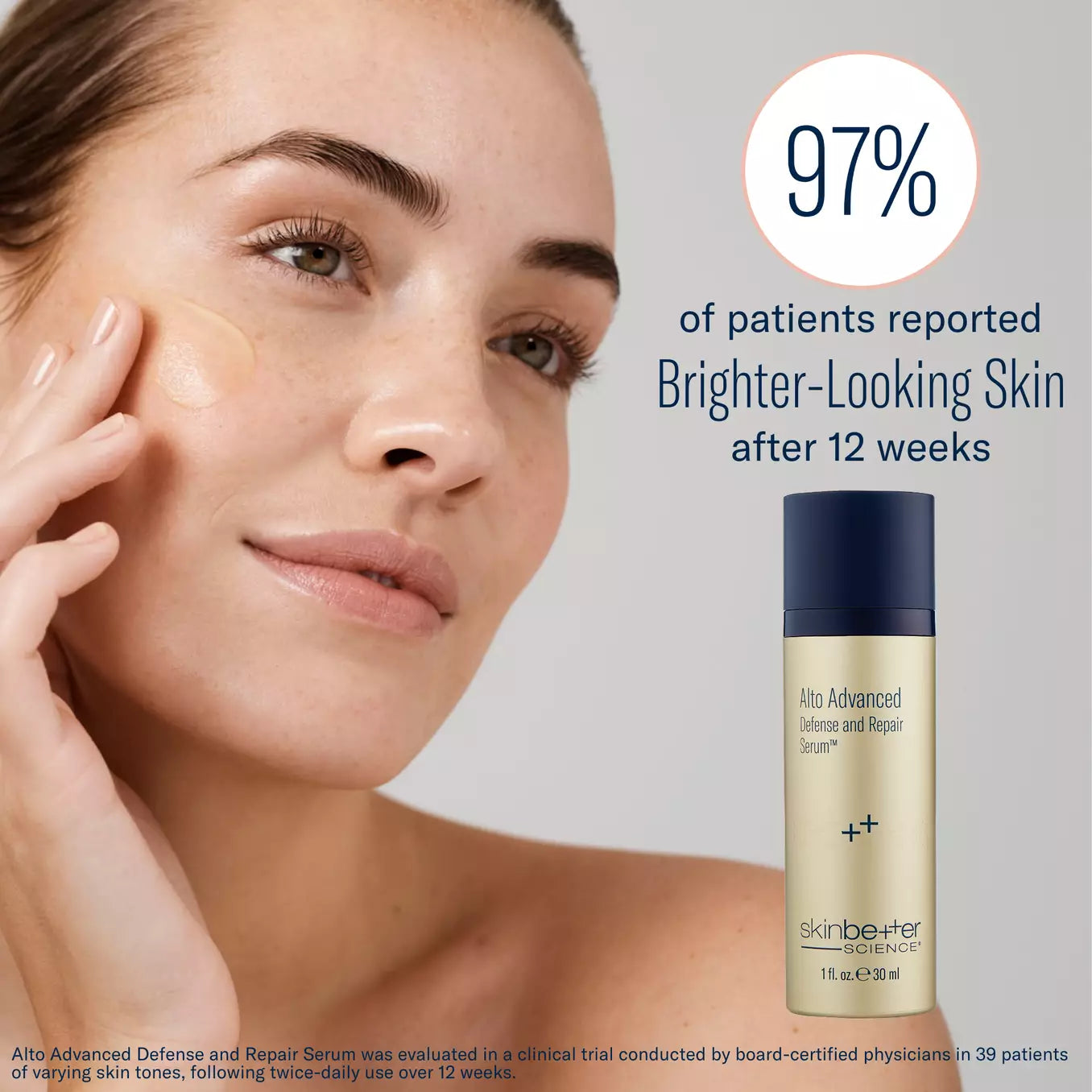 A skincare ad showing a woman touching her cheek with a clear cream applied, alongside a bottle of SkinBeauty Ultra Advanced Defense and Repair Serum++. Text reads '97% of patients reported Brighter-Looking Skin after 12 weeks.