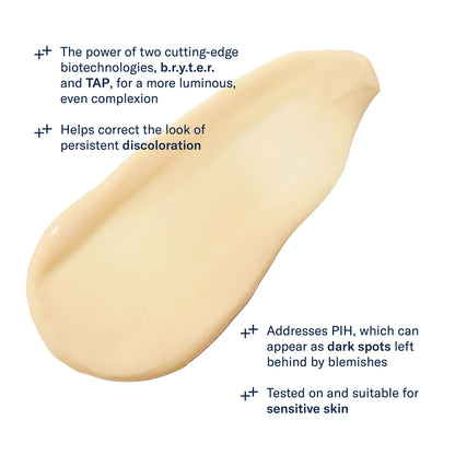 Beige cosmetic product swatch with text about biotechnologies and skin benefits on a white background