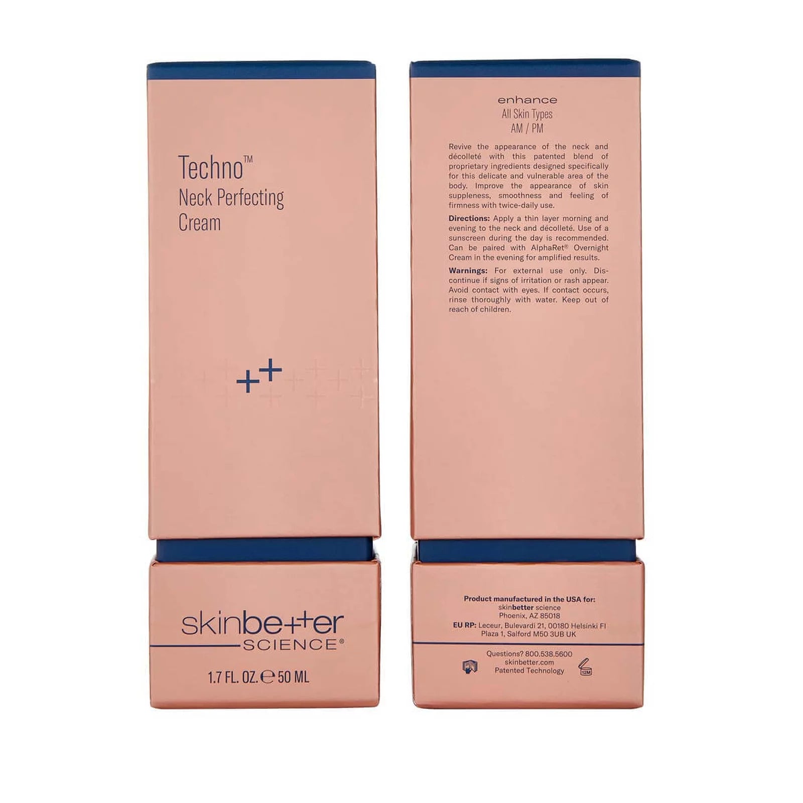 Two views of the Skinbetter Science Techno Neck Perfecting Cream packaging, showing the front and back of the rose gold and navy blue box on a white background.