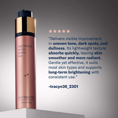 A bottle of skinbe+ Dr. Tanvi Even Intensive Skin Tone Correcting Serum stands on a white pedestal against a dark gray gradient background, next to a customer review quote.