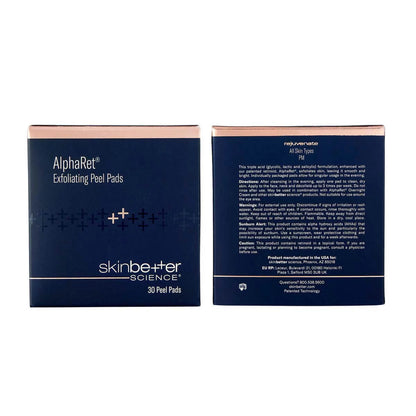 Skinbetter Science AlphaRet Exfoliating Peel Pads shown with the front and back of the navy blue retail box on a plain white background.