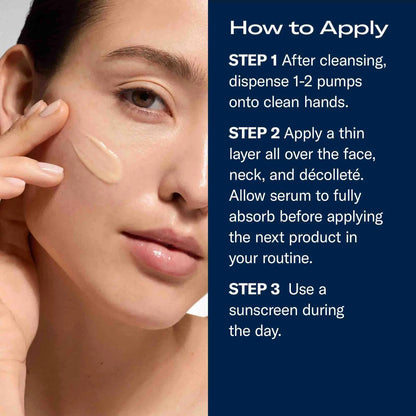 A skincare application graphic with a close-up of a woman applying or showing cream on her cheek, alongside a dark blue panel with the text 'How to Apply' and three steps for using a serum.