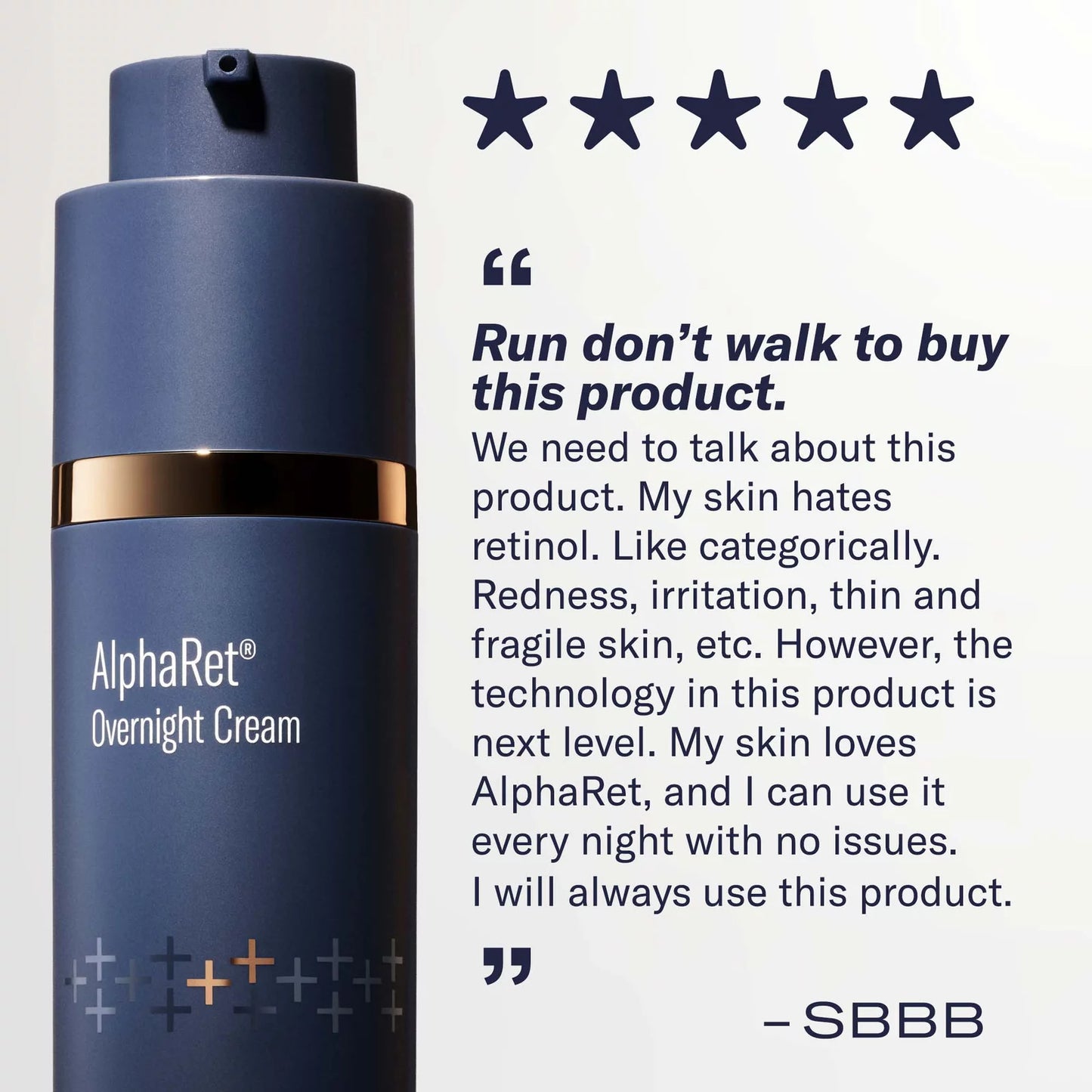 Blue AlphaRet Overnight Cream bottle with customer review text on a light gray background