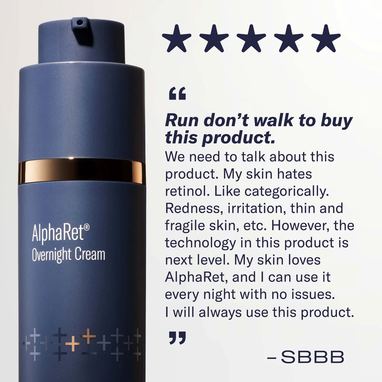 Blue AlphaRet Overnight Cream bottle with customer review text on a light gray background