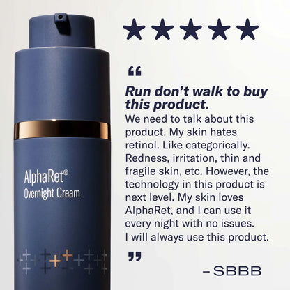 Blue AlphaRet Overnight Cream bottle with customer review text on a light gray background