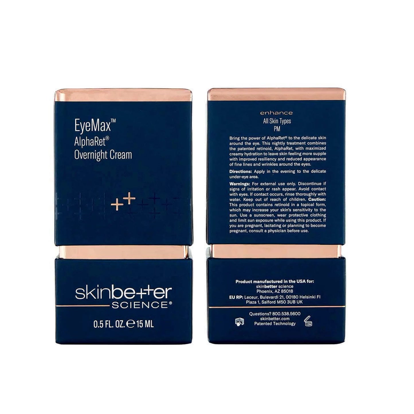 Two containers of EyeMax AlphaRet Overnight Cream by skinbetter science on a white background