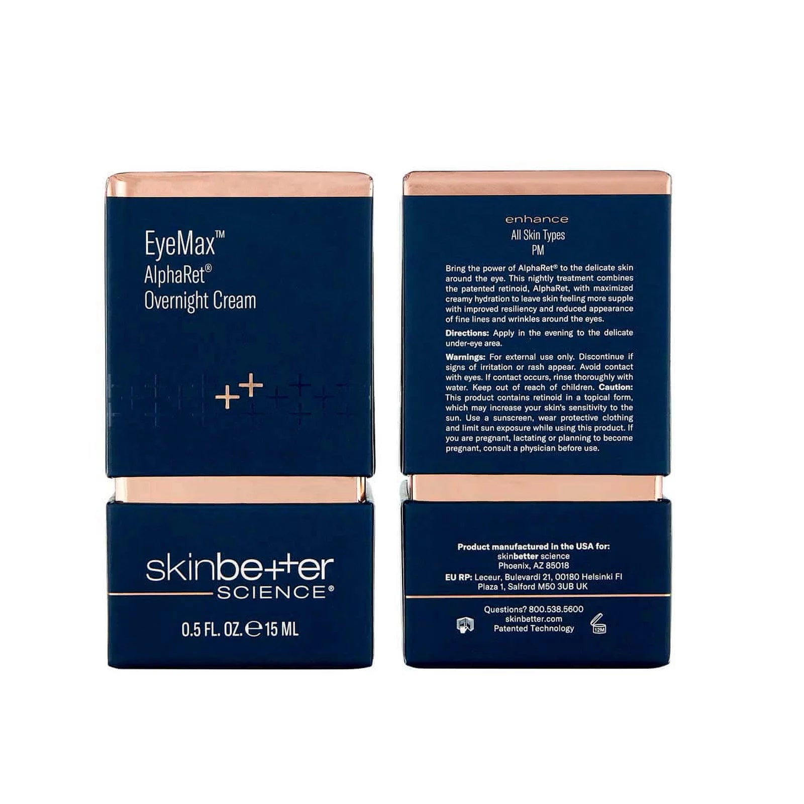 Two containers of EyeMax AlphaRet Overnight Cream by skinbetter science on a white background