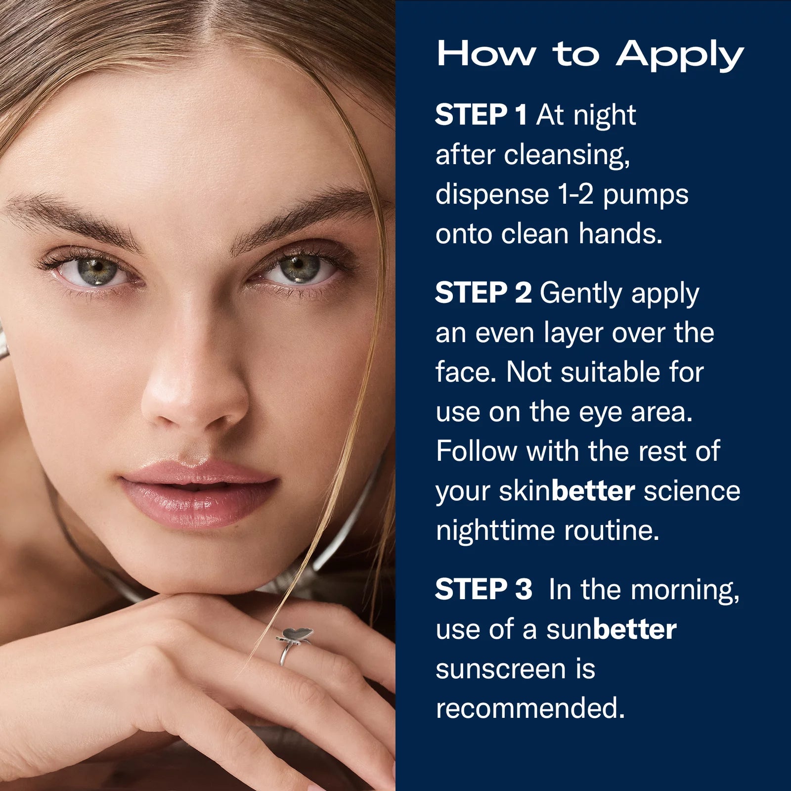 A close-up of a woman's face with makeup being applied, alongside a text panel showing step-by-step instructions for applying a lip color or cosmetic product.