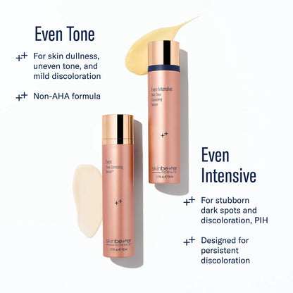 Two skincare bottles with text describing their uses on a white background