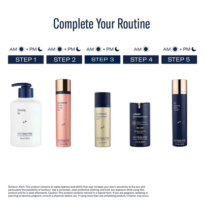 A skincare routine graphic showing five SkinBester products arranged below the heading 'Complete Your Routine' with AM/PM step labels. The products include a white cleansing gel bottle, a pink-toned serum bottle, a beige moisturizer tube, a dark blue cream bottle, and a dark blue sunscreen bottle.