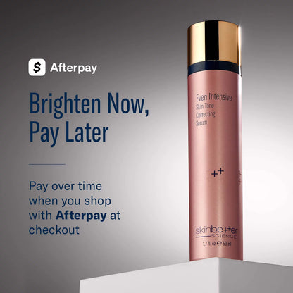 A rose gold skincare bottle with a gold cap from skinbetter science, displayed on a white pedestal against a gray gradient background with promotional text for Afterpay.