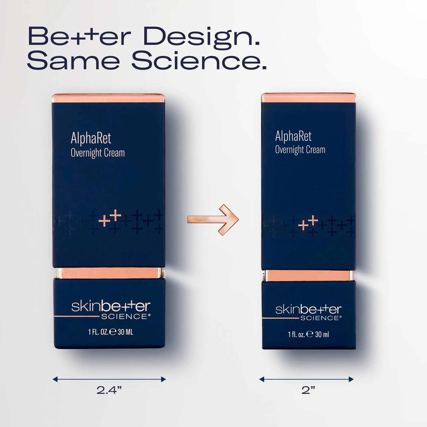 Two navy blue skincare boxes for skinbetter Science AlphaRet Overnight Cream are shown side by side on a light gray background, with text reading 'Better Design. Same Science.