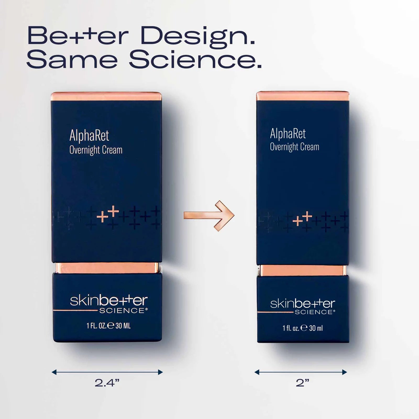 Two navy blue skincare boxes for skinbetter Science AlphaRet Overnight Cream are shown side by side on a light gray background, with text reading 'Better Design. Same Science.