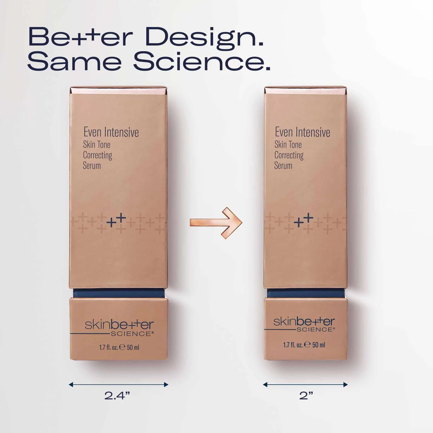 Two boxed skincare products labeled 'Even Intensive Skin Tone Correcting Serum' by skinbetter SCIENCE are shown side by side on a white background, with text reading 'Better Design. Same Science.